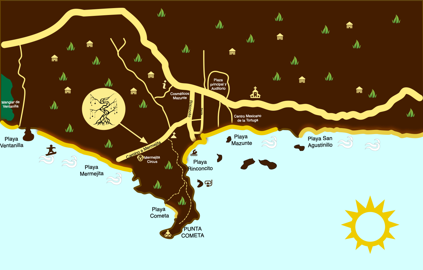 Mapa ilustrado de Mazunte con la ubicación de Nuuna y puntos de interés